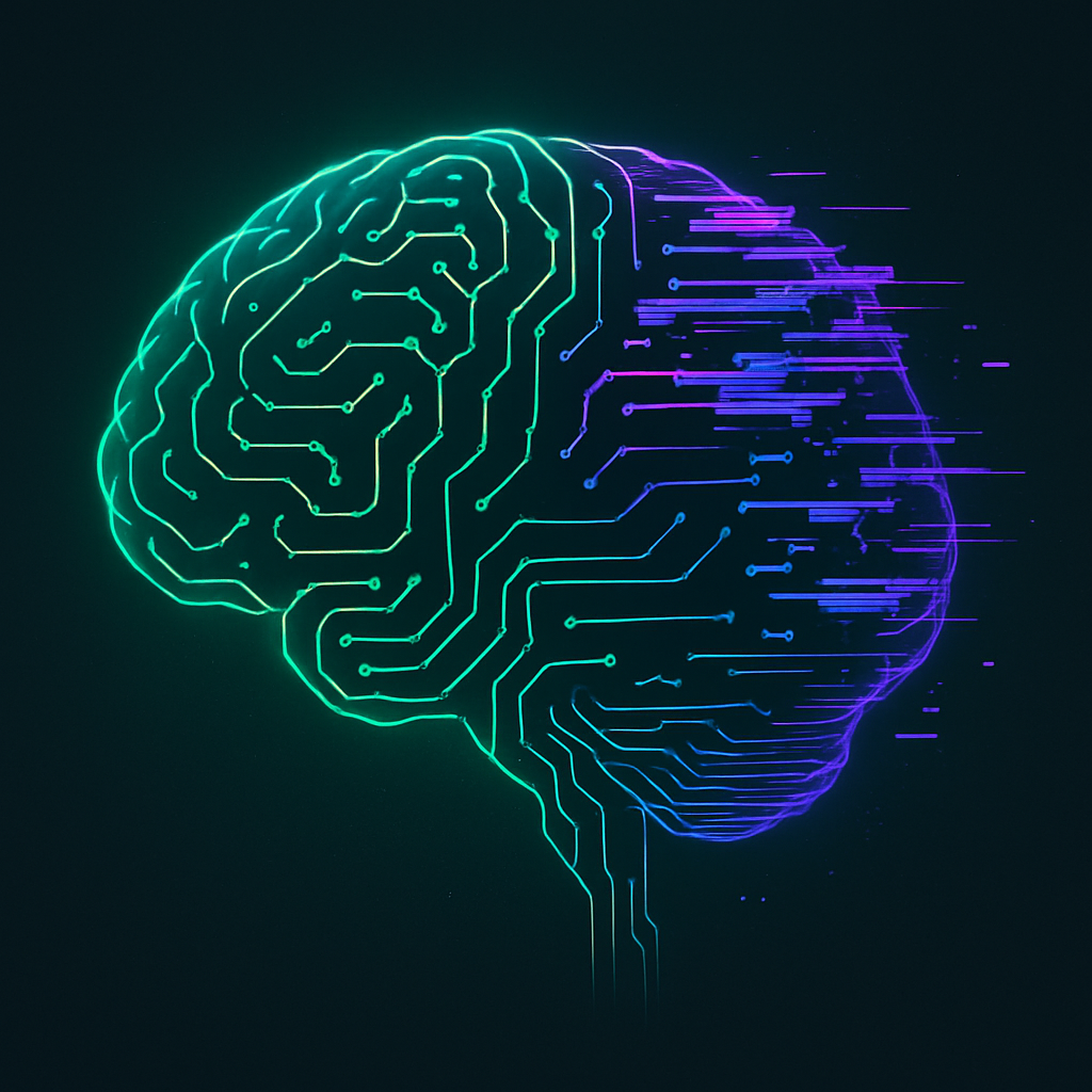 allucinazioni ai -Illustrazione futuristica di un cervello digitale con glitch, che rappresenta le allucinazioni dell’intelligenza artificiale