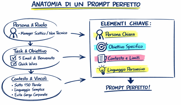 Infografica Anatomia di un Prompt Perfetto di Sal Chiarenza con i 4 elementi chiave: Persona, Obiettivo, Contesto, Linguaggio.