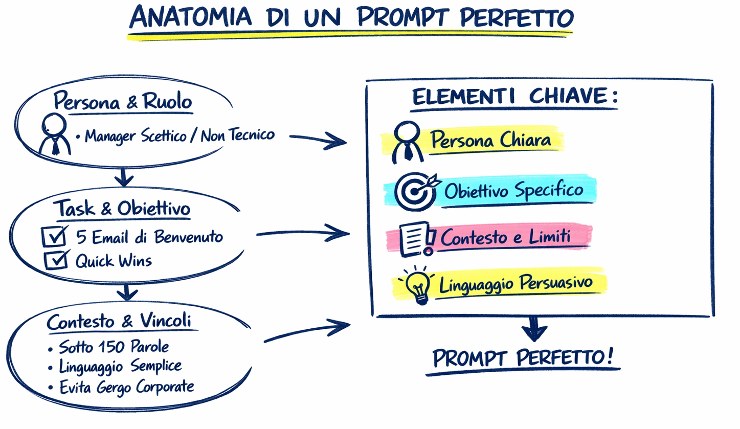 Infografica Anatomia di un Prompt Perfetto di Sal Chiarenza con i 4 elementi chiave: Persona, Obiettivo, Contesto, Linguaggio.
