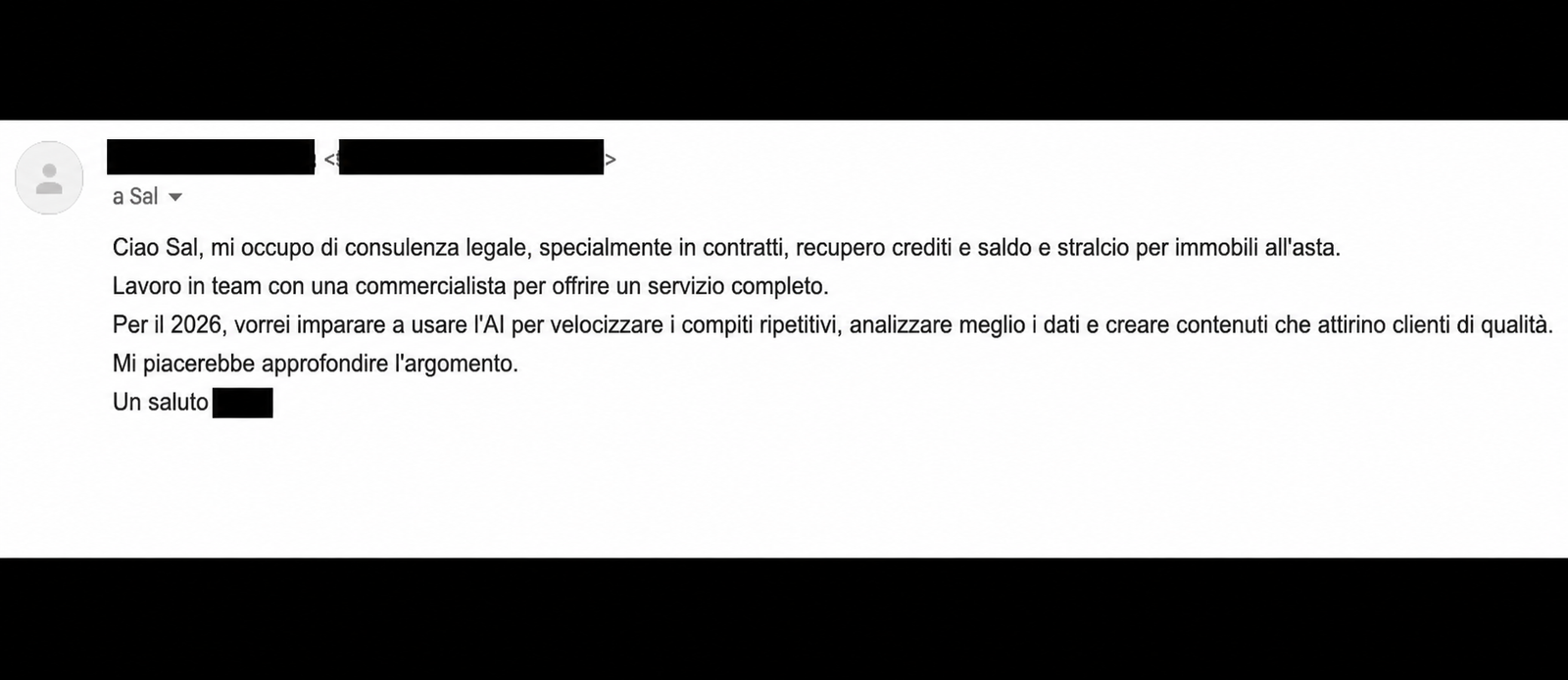 Email ricevuta: desiderio di usare l’AI per velocizzare i compiti ripetitivi, analizzare meglio i dati e creare contenuti