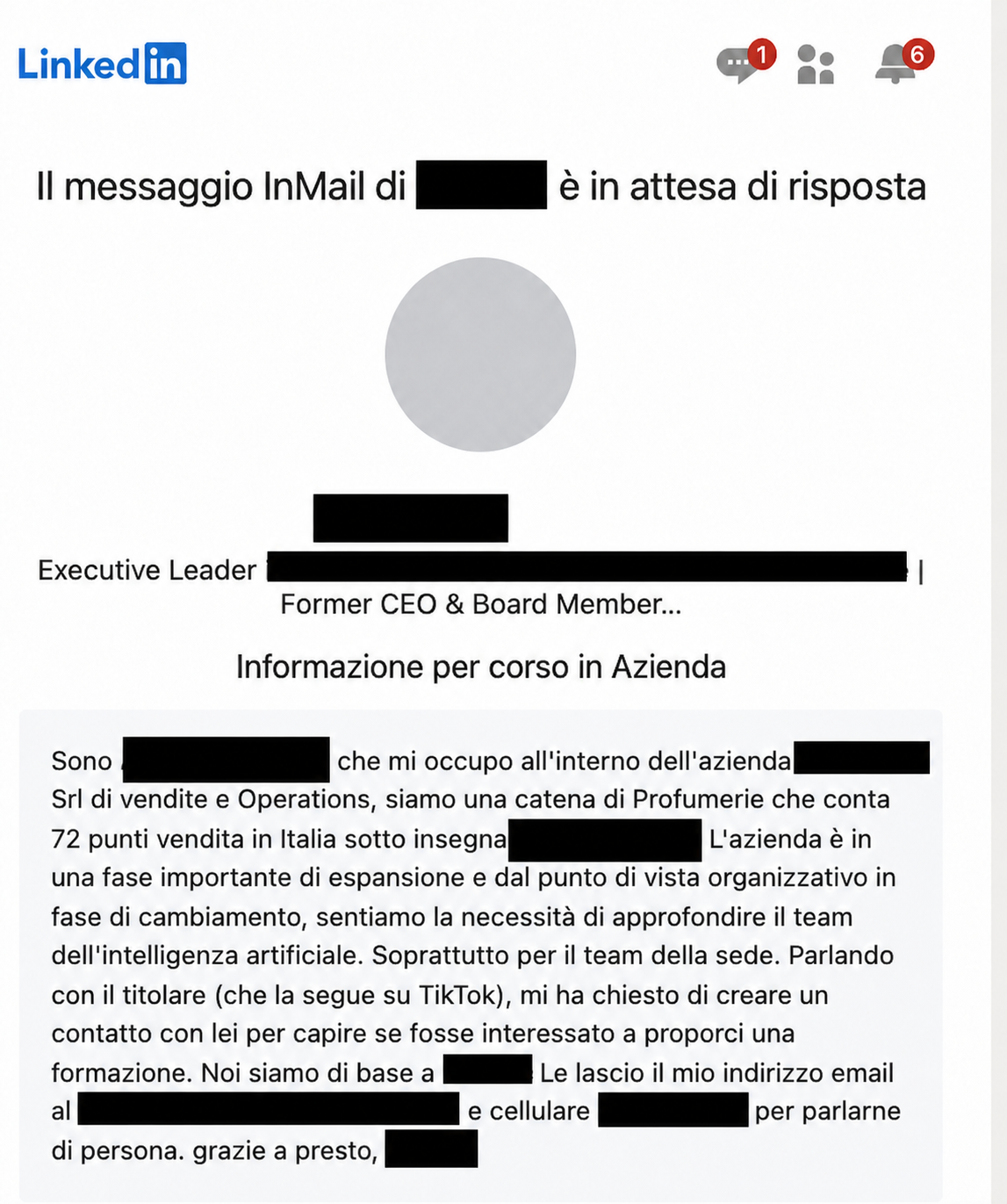 Messaggio LinkedIn: una catena con 72 punti vendita chiede una formazione sull’intelligenza artificiale